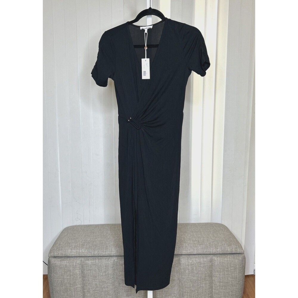 Heartloom Black Midi Dress Side Slit Short Sleeves V Neckline Size XS NWT
